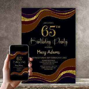 Black Gold Glitter 65th Birthday Party Invitation