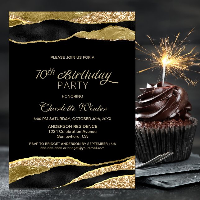 Black Gold Glitter 70th Birthday Party Invitation (Creator Uploaded)