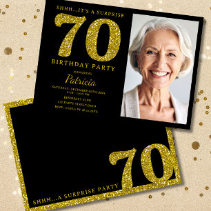 Black Gold Glitter 70th Surprise Birthday Photo Invitation