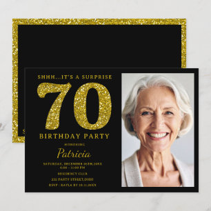Black Gold Glitter 70th Surprise Birthday Photo Invitation