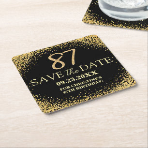 Black Gold Glitter 87th Birthday Save the Date Square Paper Coaster