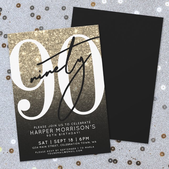 Black Gold Glitter 90th Birthday Invitation (Black Gold Glitter 90th Birthday Invitation)