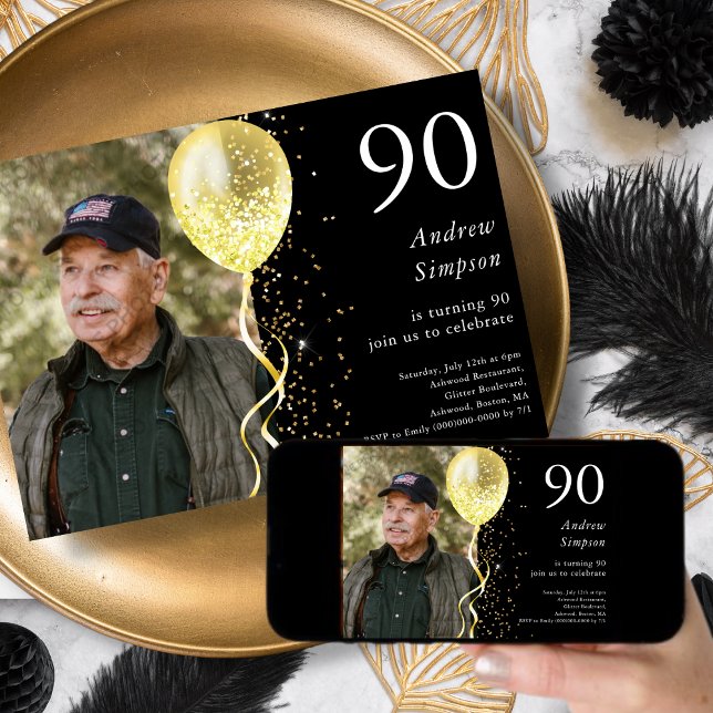 Black & Gold Glitter 90th Birthday  Invitation (Creator Uploaded)