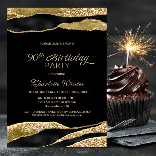 Black Gold Glitter 90th Birthday Party Invitation