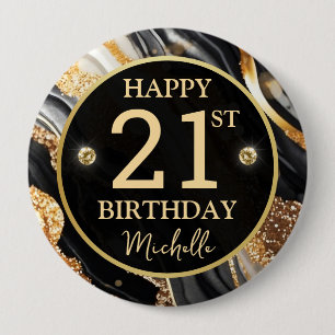 Black Gold Glitter Agate Birthday Badge