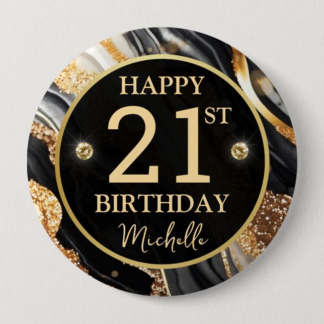 Black Gold Glitter Agate Birthday Badge (Front)