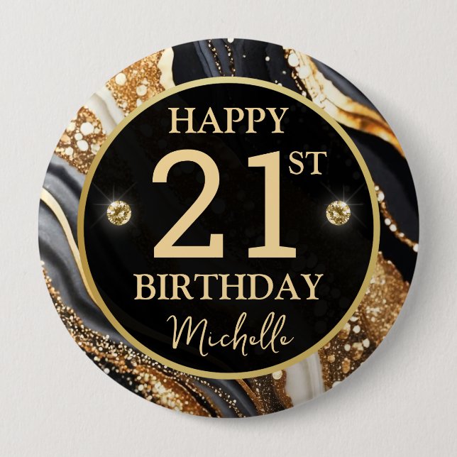 Black Gold Glitter Agate Birthday Badge (Front)