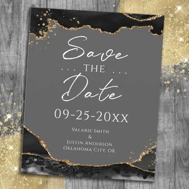 Black Gold Glitter Agate Save the Date (Creator Uploaded)