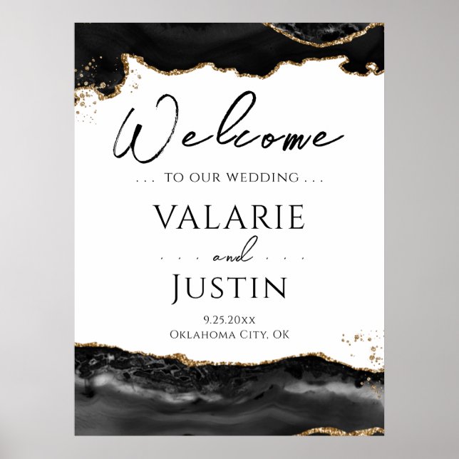 Black Gold Glitter Agate Wedding Welcome Sign (Front)