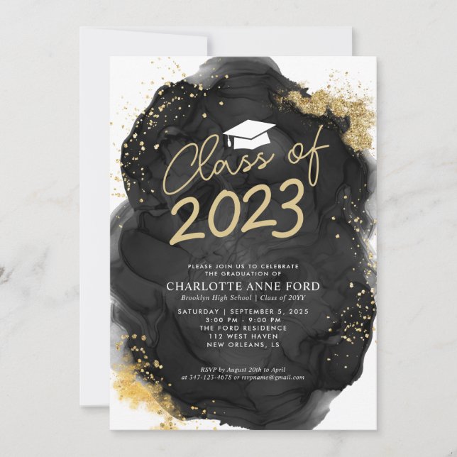 Black Gold Glitter Alcohol Ink Graduation Party Invitation (Front)