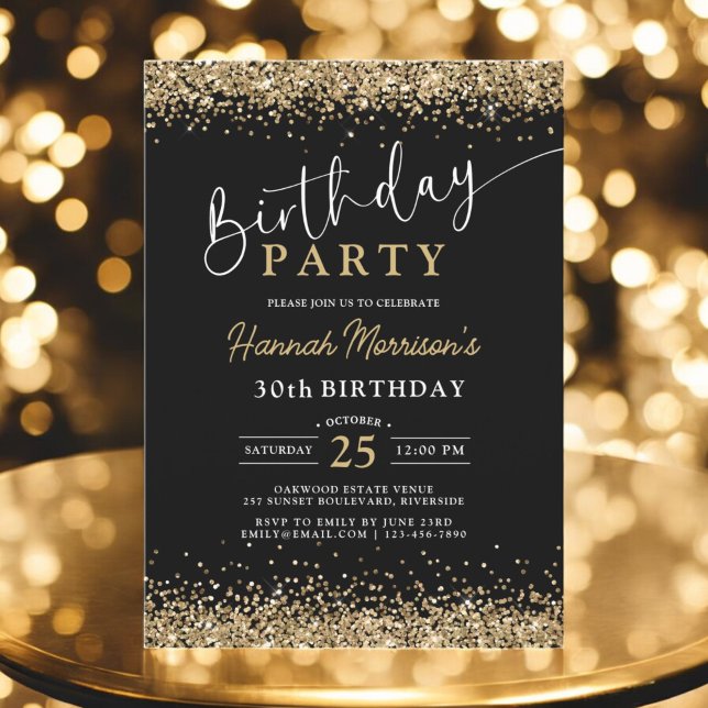 Black Gold Glitter Any Age 30th Birthday  Invitation (Creator Uploaded)