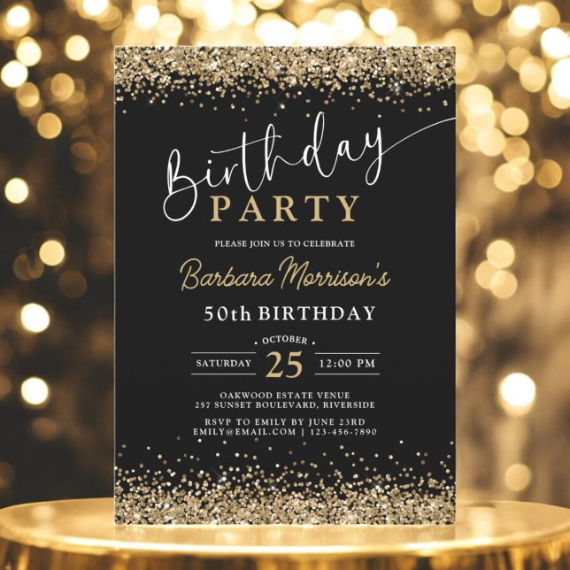 Black Gold Glitter Any Age 50th Birthday  Invitation (Creator Uploaded)