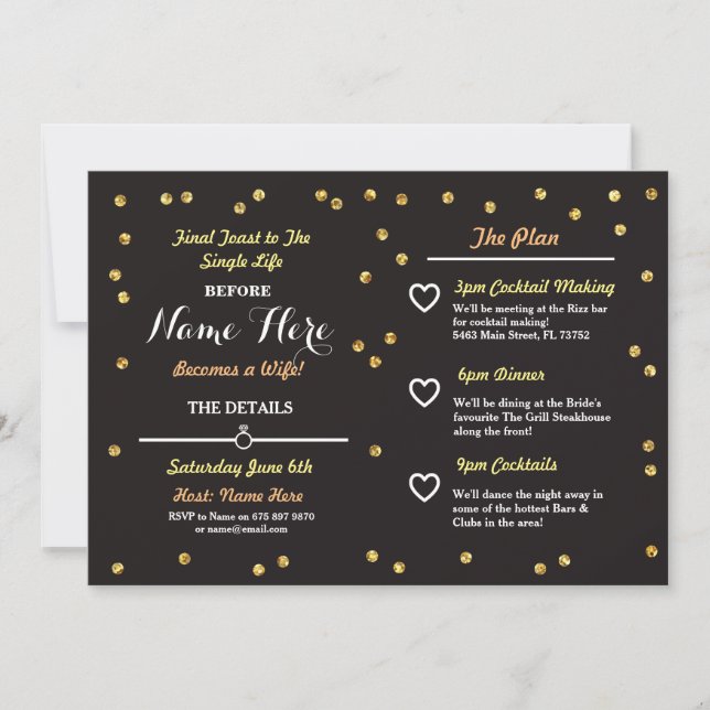 Black & Gold Glitter Bachelorette Itinerary Invite (Front)