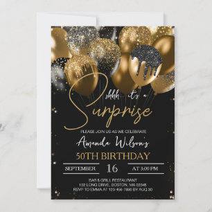Black Gold Glitter Balloons 50th Surprise Birthday Invitation