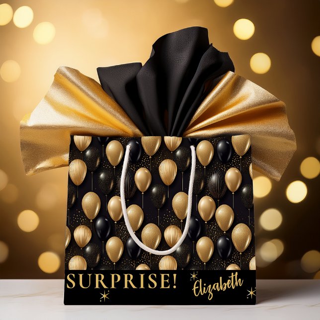 Black Gold Glitter Balloons Birthday Surprise Large Gift Bag (Elegant Black and Gold Faux Glitter Balloons Pattern A025 "Surprise!" [Name] Large Gift Bag)