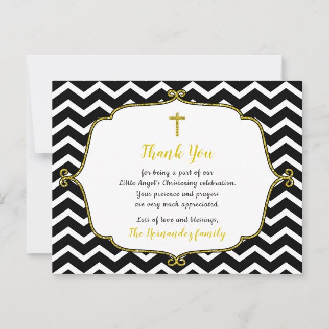 Black Gold Glitter Baptism thank you note Invitation (Front)