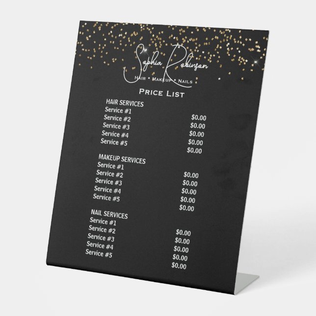 Black & Gold Glitter Beauty Salon Price List Pedestal Sign (Front)