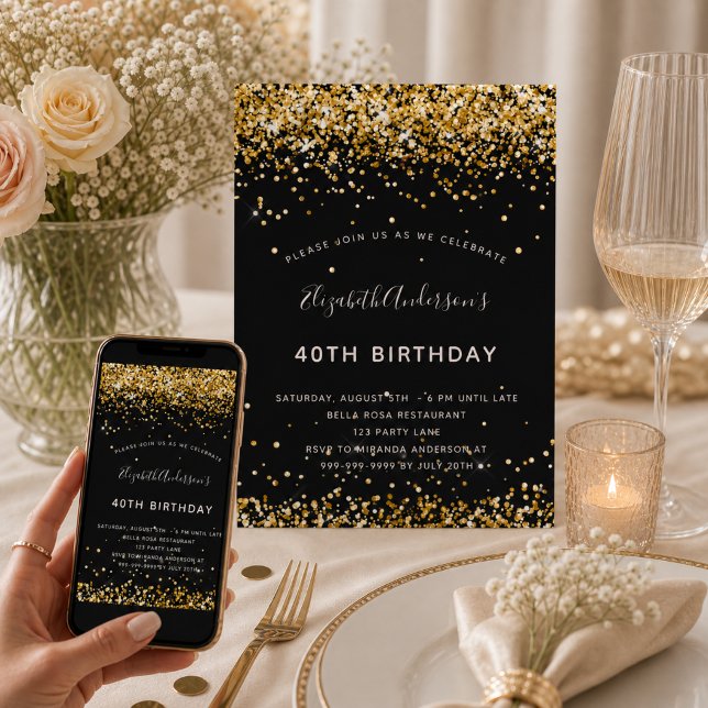 Black gold glitter birthday invitation (Creator Uploaded)