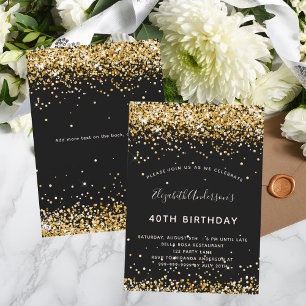 Black gold glitter birthday invitation