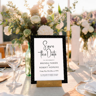 Black & Gold Glitter Black Script On White Invitation
