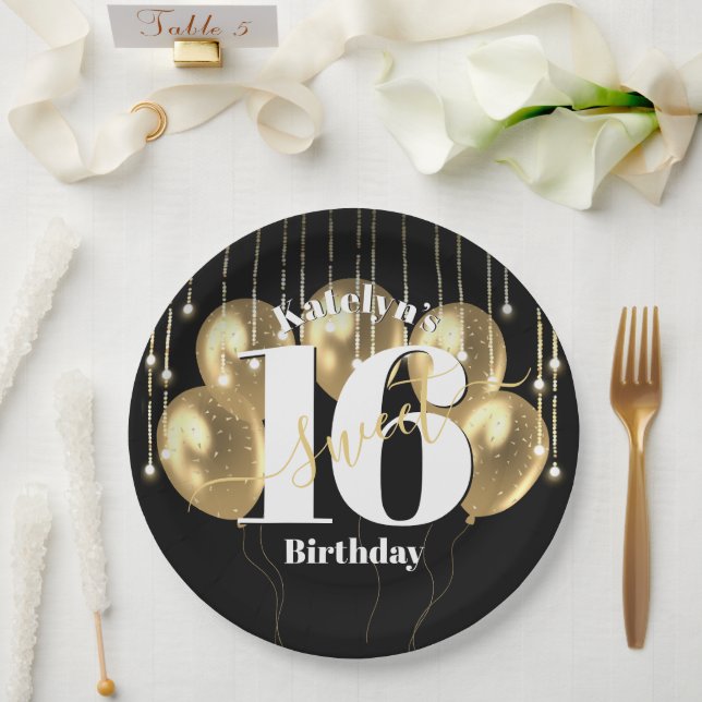 Black Gold Glitter Bold Sweet 16 Birthday Balloons Paper Plate (Wedding)