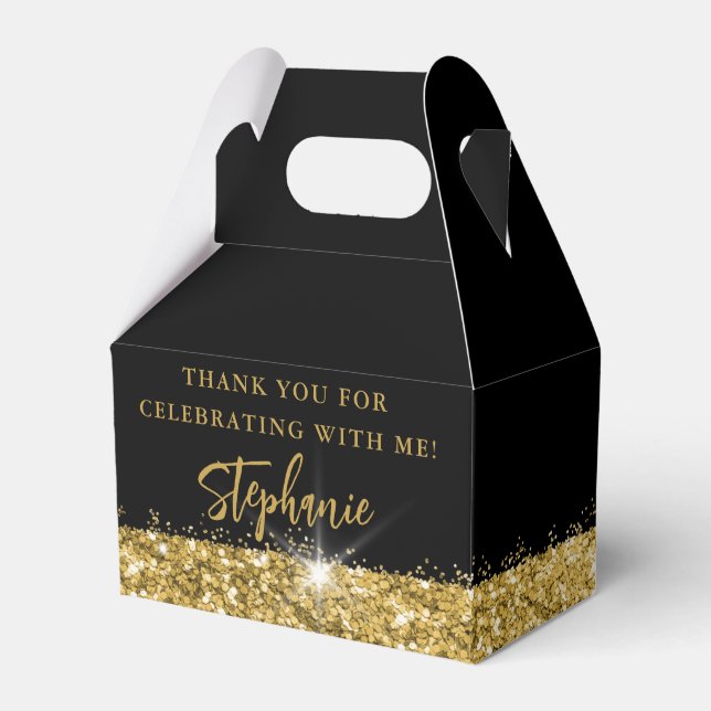 Black Gold Glitter Border Personalised Party Favour Box (Front Side)