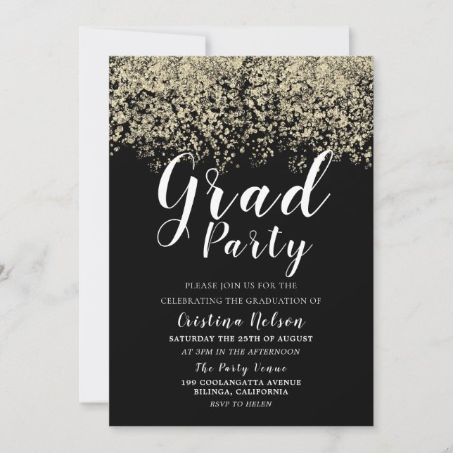 Black Gold Glitter Boy Girl Graduation Grad Party Invitation (Front)