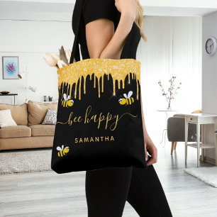 Black gold glitter bumblebees be happy name tote bag