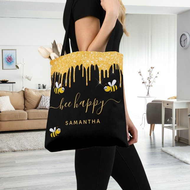 Black gold glitter bumblebees be happy name tote bag (Creator Uploaded)