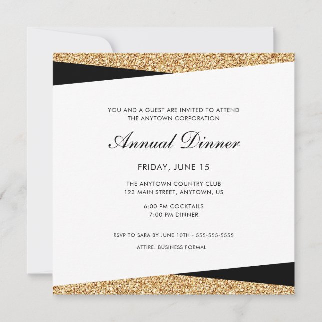 Black & Gold Glitter Business Professional Dinner Invitation (Front)