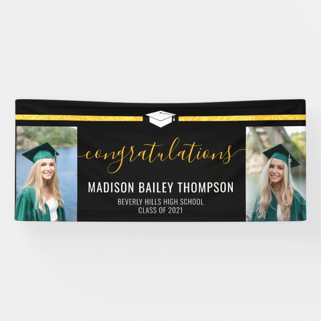 Black Gold Glitter Calligraphy Graduation Photo Banner (Horizontal)