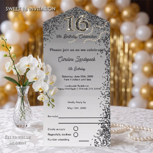 Black & Gold Glitter Calligraphy Number Sweet 16 All In One Invitation
