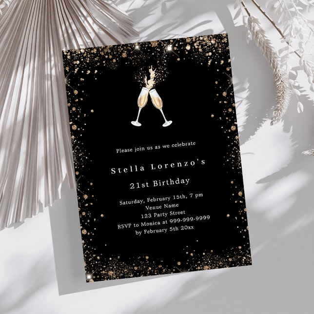 Black gold glitter cheers birthday invitation (Creator Uploaded)