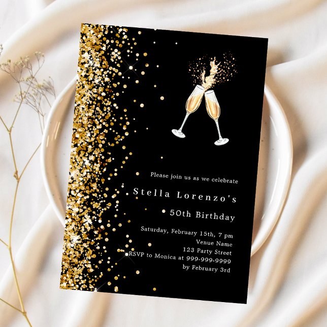 Black gold glitter cheers luxury birthday invitation (Creator Uploaded)