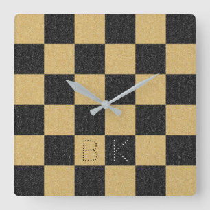 Black Gold Glitter Chequered Chic Trendy Monogram Square Wall Clock