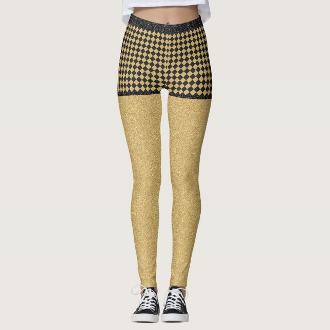 Black Gold Glitter Chequered Girly Trendy Pattern Leggings (Front)