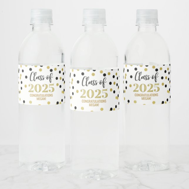 Black Gold Glitter Class of 2025 Graduation Water Bottle Label (Bottles)