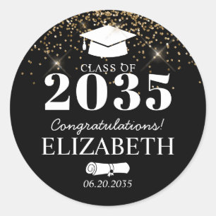 Black Gold Glitter Class of Grad Graduation Party Classic Round Sticker