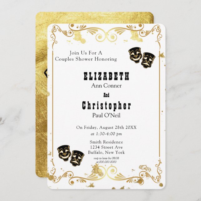 Black Gold Glitter Comedy & Tragedy Couples Shower Invitation (Front/Back)