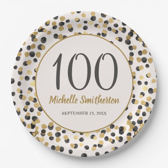 Black Gold Glitter Confetti 100th Birthday Paper Plate (Front)