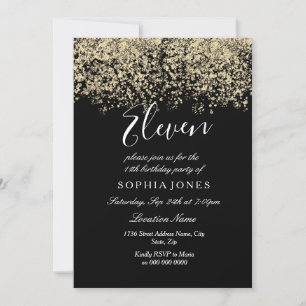 Black Gold Glitter Confetti 11th birthday party Invitation