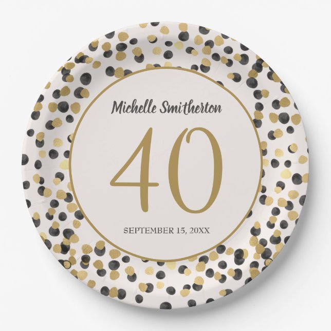 Black Gold Glitter Confetti 40th Birthday Paper Plate (Front)