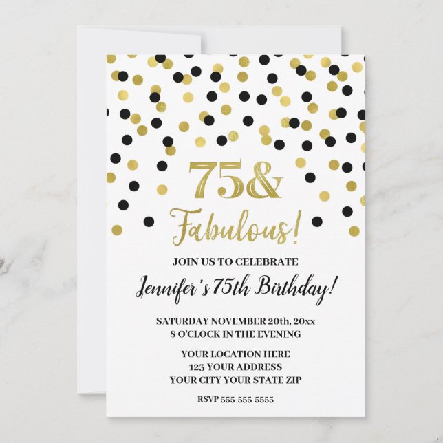 Black Gold Glitter Confetti 75 and Fabulous Invitation (Back)
