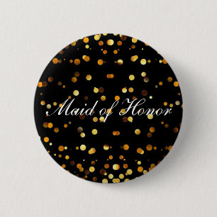 Black Gold Glitter Confetti Foil Maid of Honour 6 Cm Round Badge