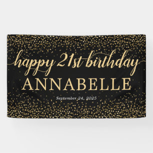 Black Gold Glitter Confetti Happy 21st Birthday Banner