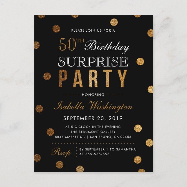 Black & Gold Glitter Confetti Surprise Party Invitation Postcard (Front)