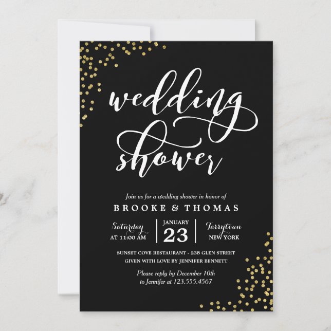 Black Gold Glitter Confetti Wedding Shower Invitation (Front)