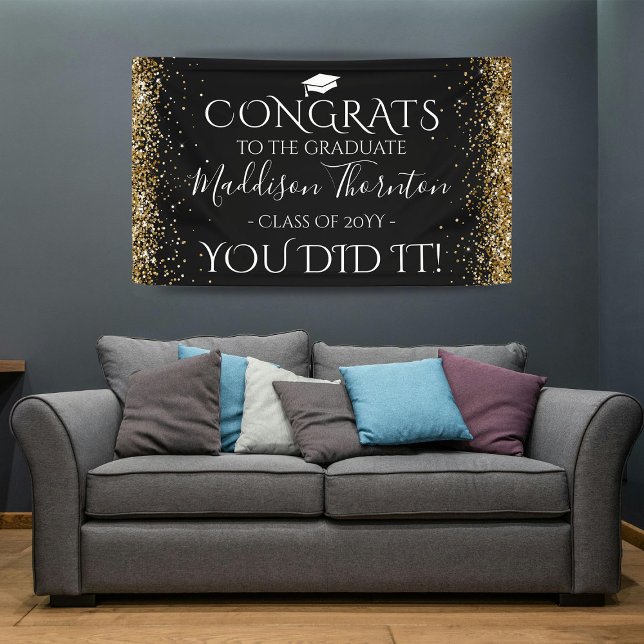 Black & Gold Glitter Congrats Graduate Graduation Banner (Creator Uploaded)