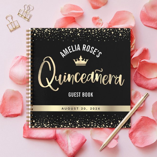 Black Gold Glitter Crown Quinceañera Guest Book (Creator Uploaded)