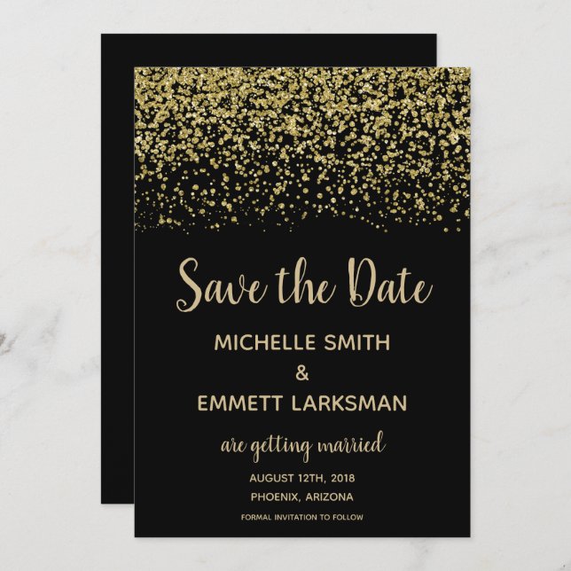 Black Gold Glitter Diamond Elegant Save the Date Invitation (Front/Back)